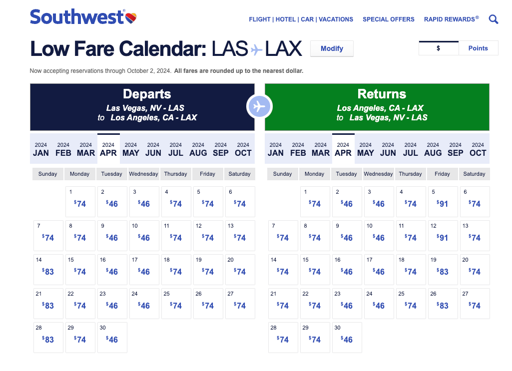 southwest fare calendar
